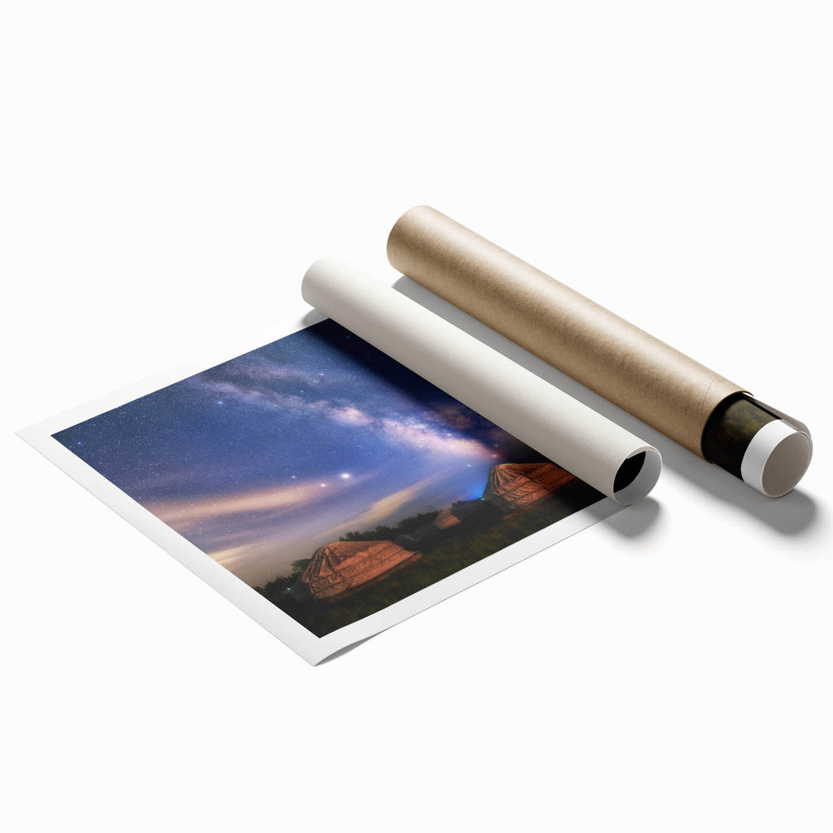 Extra large rolled print of a serene Mongolian landscape with soft floral elements, in muted earth tones.