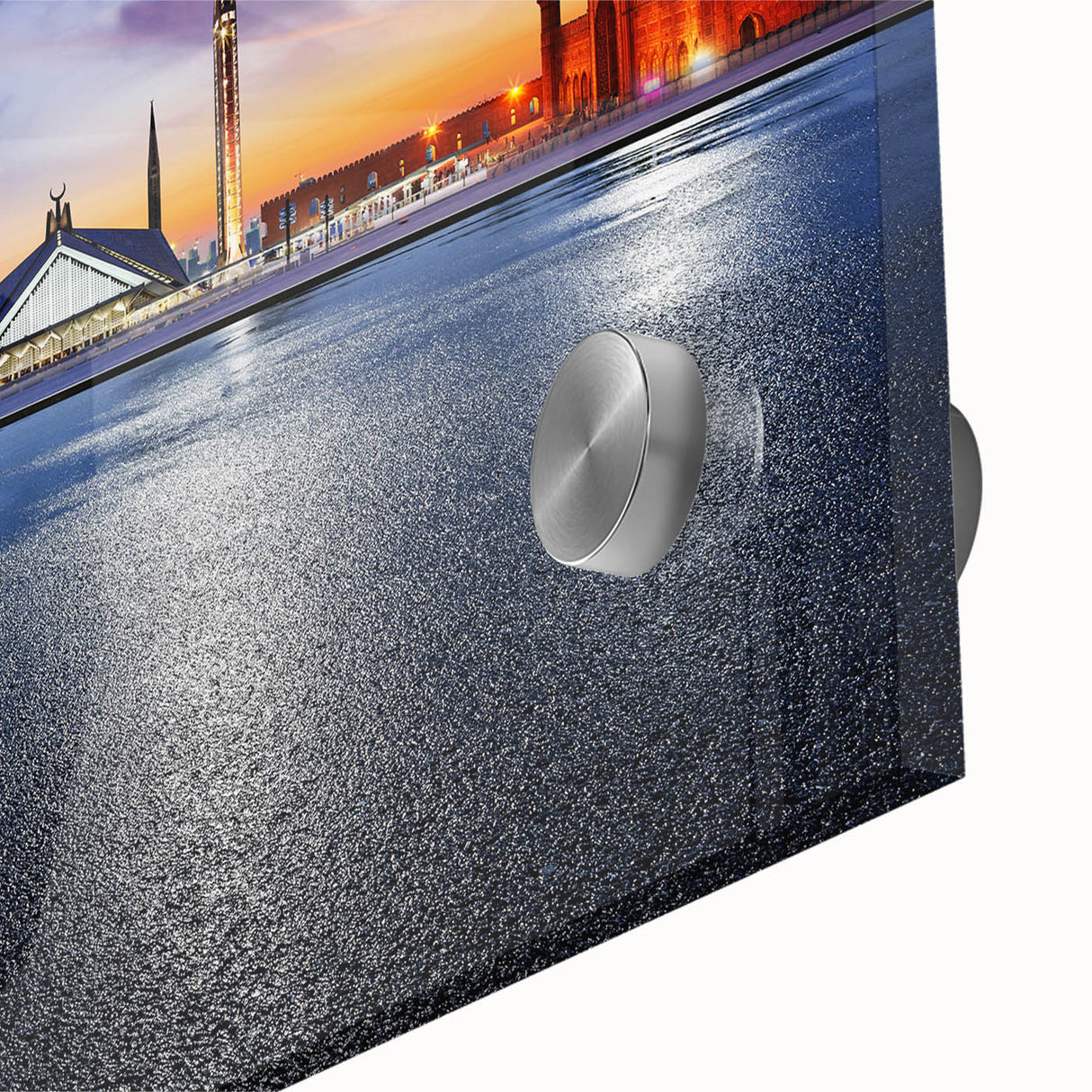 Large abstract wall art featuring mid-century modernist style, vibrant hues of blue and orange on acrylic glass.