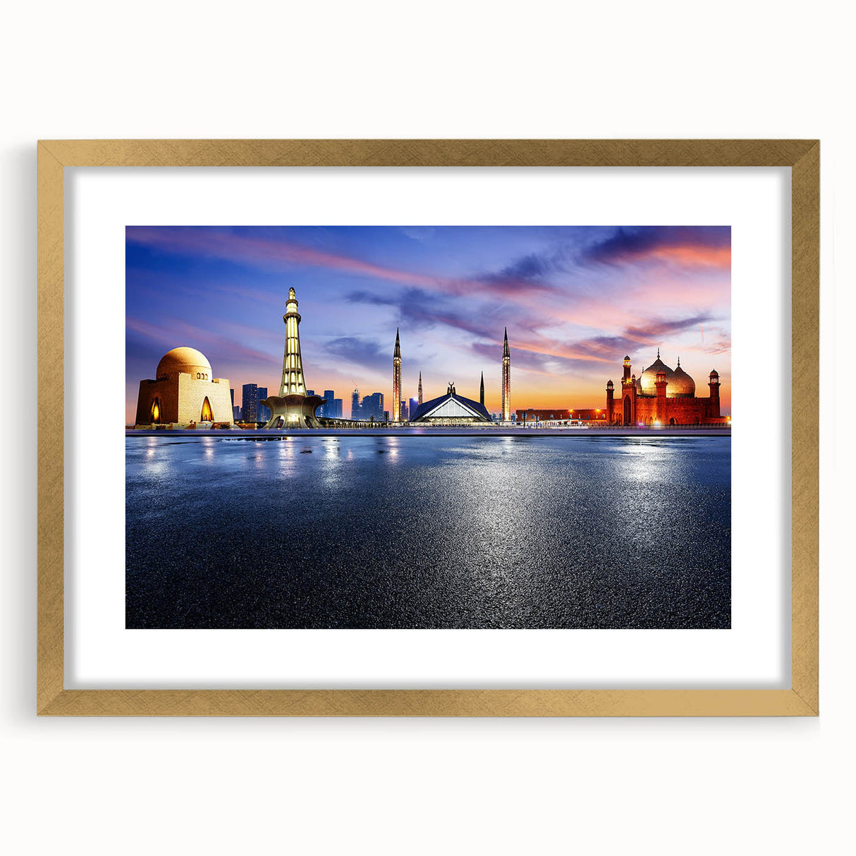 Extra large abstract art print depicting a textured scenery of Pakistan, in gold tones, framed, ideal for living room decor.