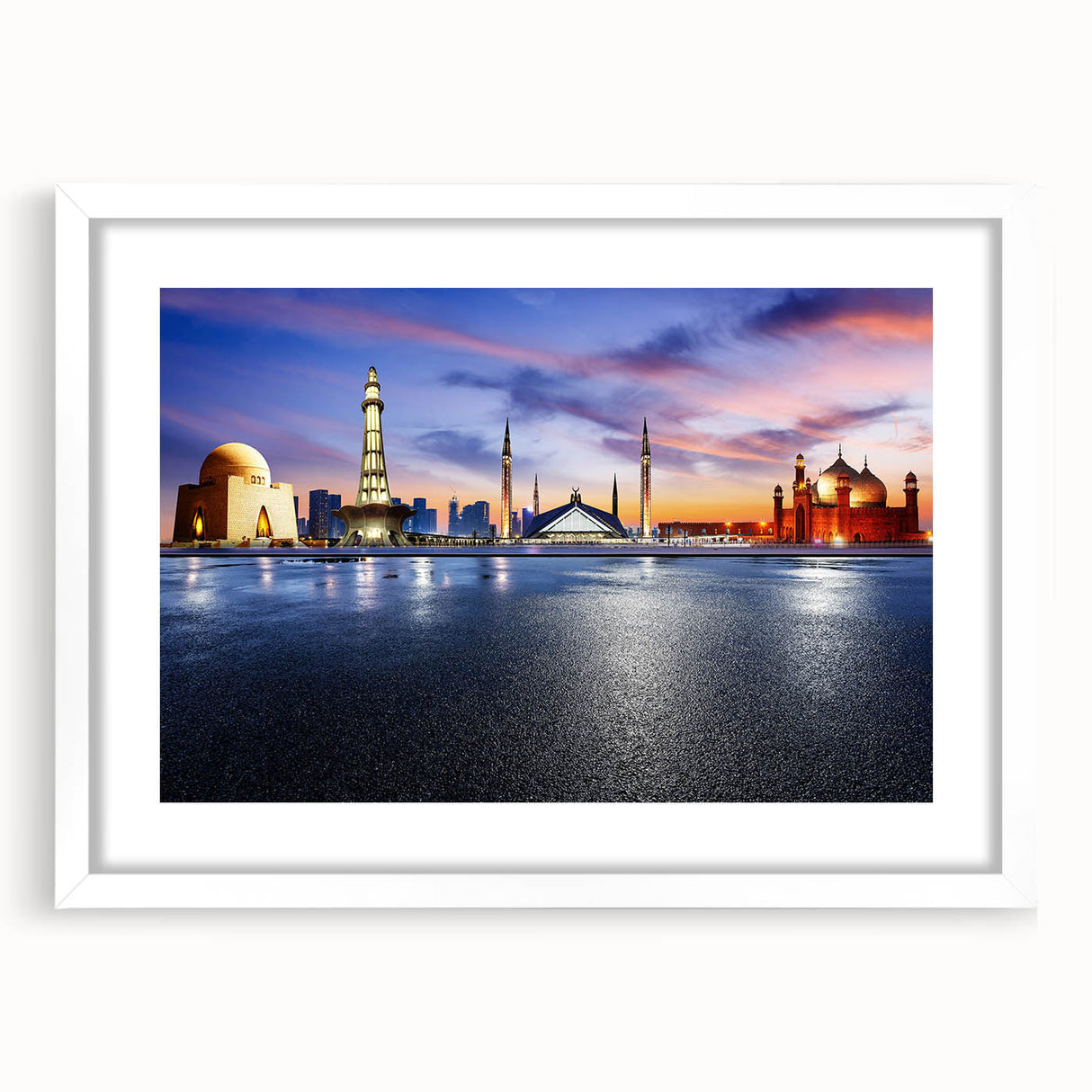 Abstract art print depicting a serene Pakistani landscape in muted earth tones on a framed white mat.