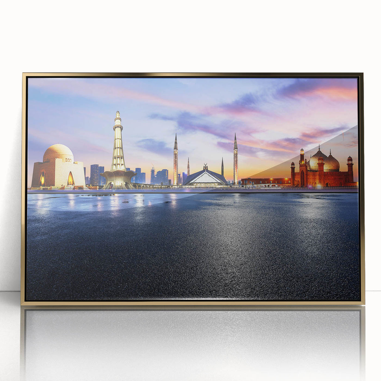 Mid-century modernist style large art print featuring a serene Pakistani landscape, framed in acrylic with gold tones.