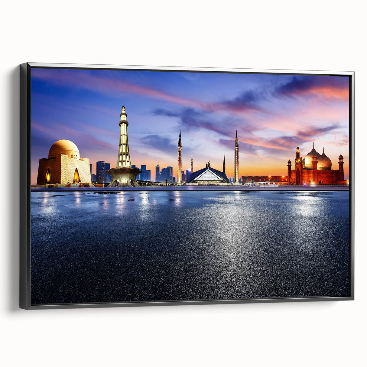 Black and white landscape art painting of a scenic Pakistani view on a framed canvas, suitable for bedroom decor.