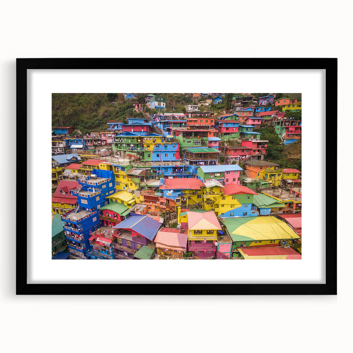 Extra large abstract art print of a colorful, textured Philippine scenery on a black framed mat, ideal for living room decor.