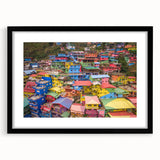 Extra large abstract art print of a colorful, textured Philippine scenery on a black framed mat, ideal for living room decor.