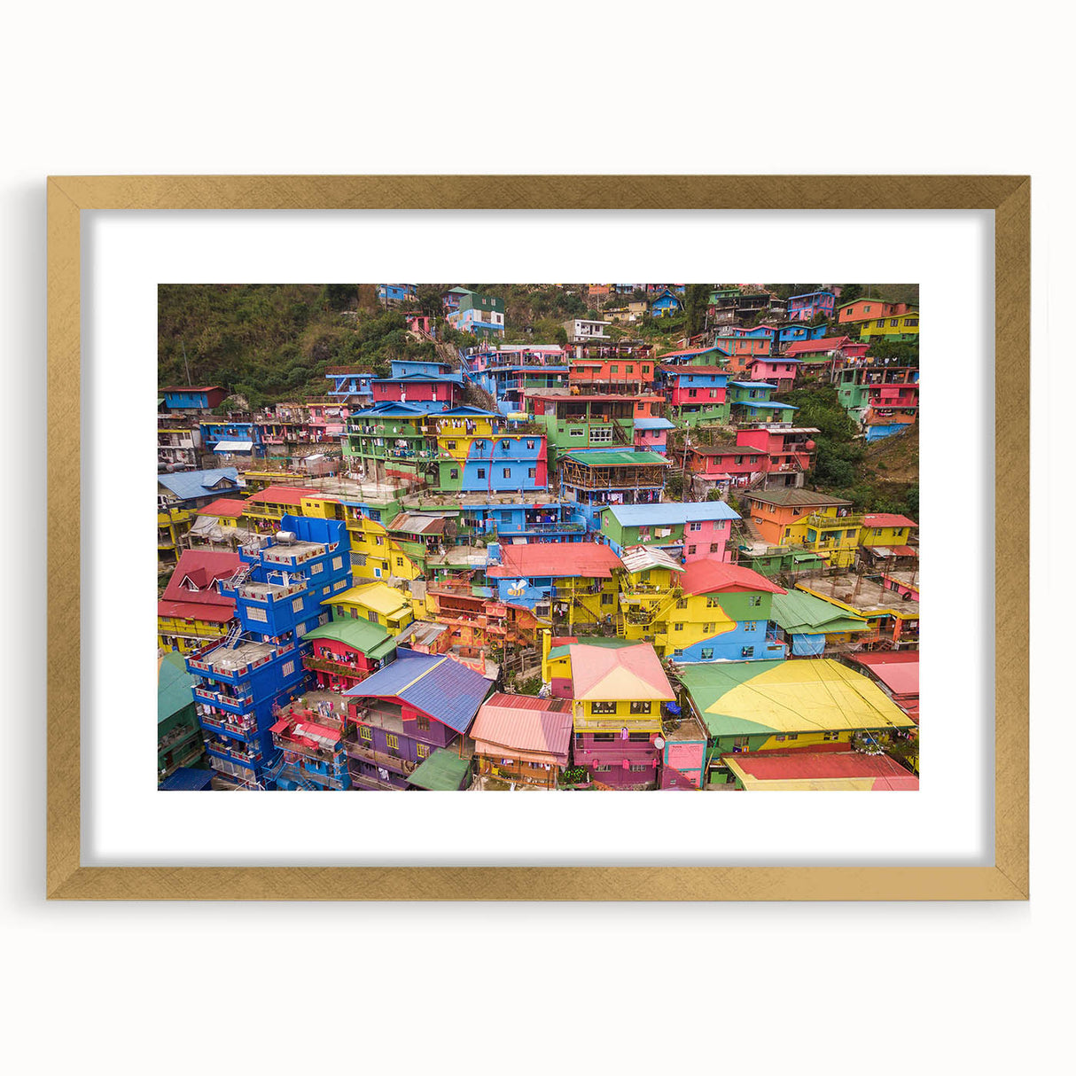 Extra large wall art featuring an abstract Philippine landscape in textured gold and brown tones, framed with a mat.