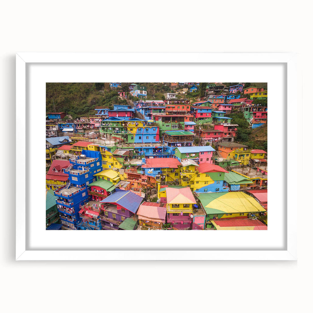 Abstract art print of a serene Philippine landscape in muted green and blue, framed in white, ideal for dining room decor.