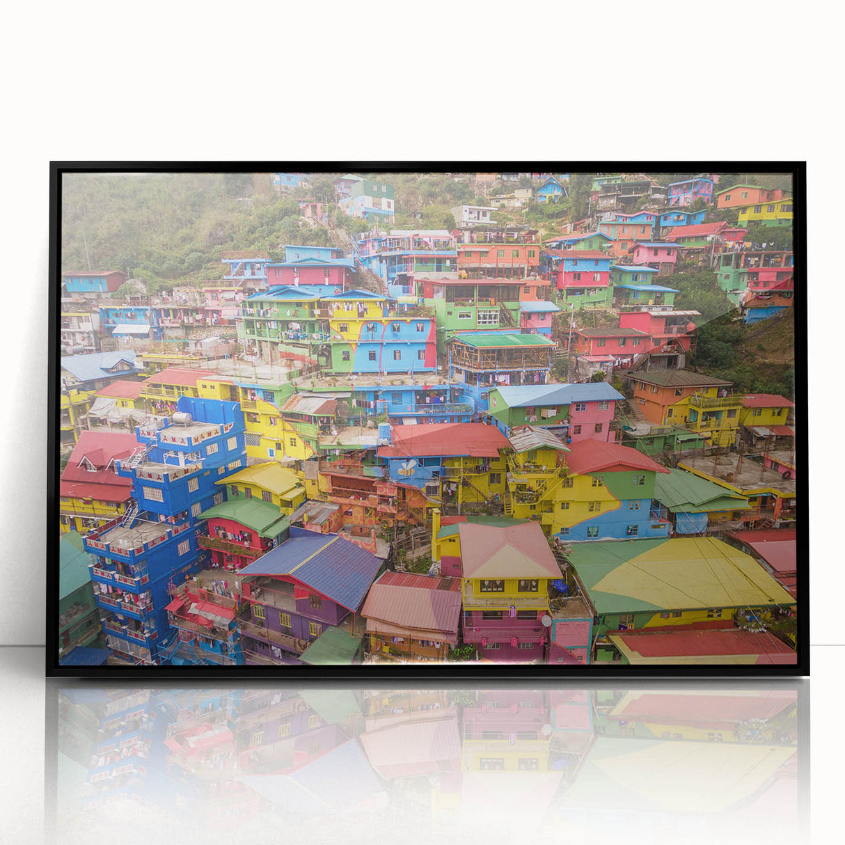 Large abstract wall art featuring a mid-century modernist style with a vibrant color palette, framed in black acrylic.