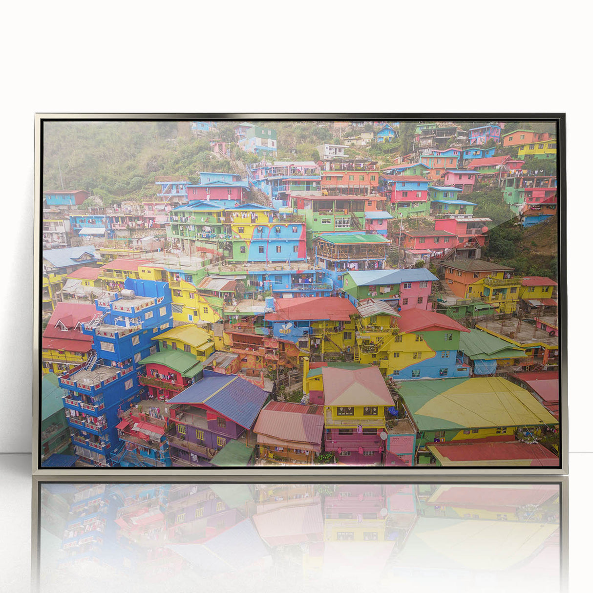Mid-century modernist art depicting a serene Philippine landscape in muted earth tones, framed acrylic.