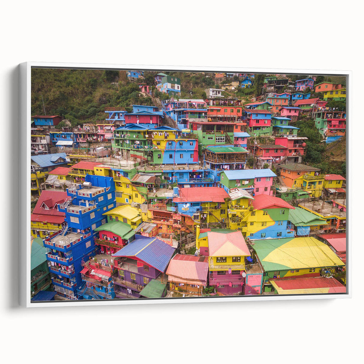 Framed canvas of vintage poster art depicting a colorful Philippine landscape, ideal for living room decor.