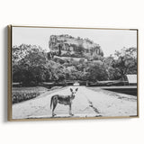 Framed canvas featuring a vintage-style landscape painting of a Sri Lankan scenery in black and gold tones.
