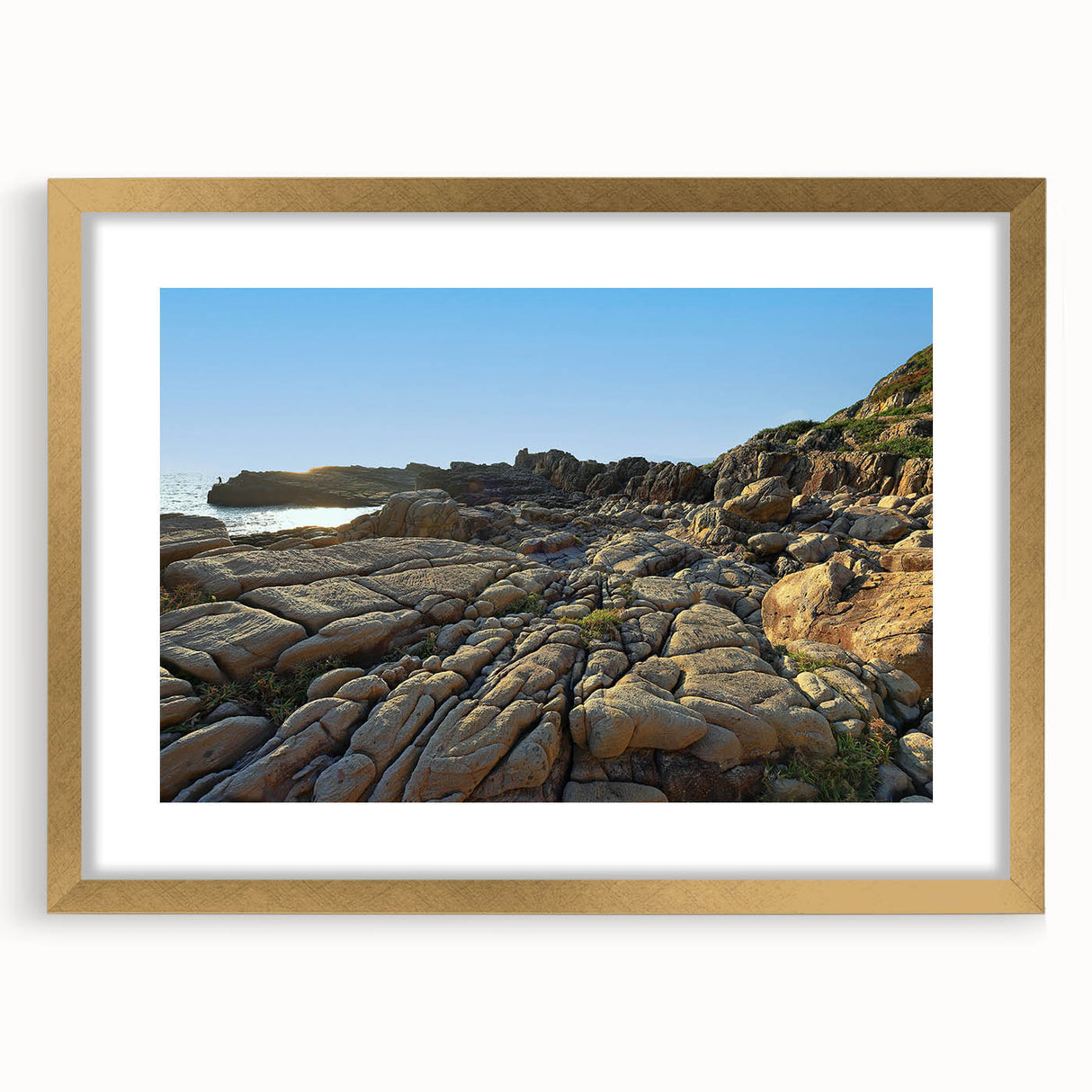 Extra large abstract art print featuring a textured landscape in earthy tones, framed in gold, ideal for living room decor.