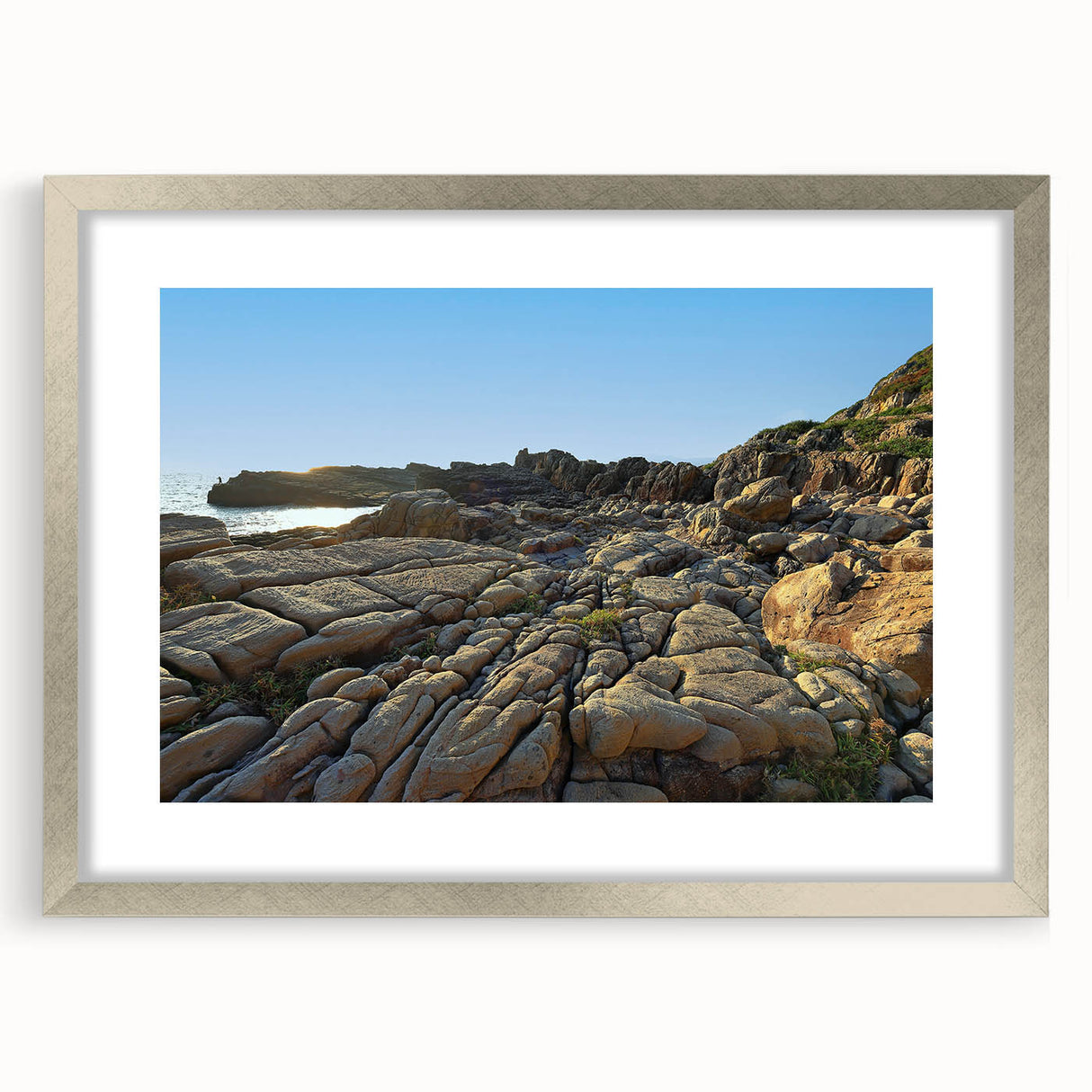Textured art print of an abstract Taiwanese landscape in muted earth tones, framed in silver, ideal for bedroom art.