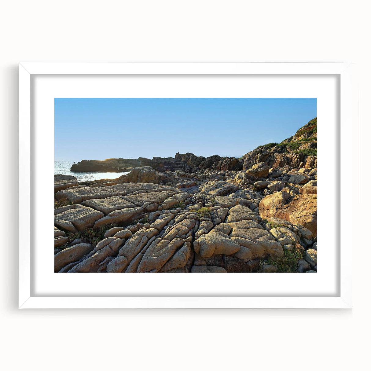 Abstract art print of a Taiwanese landscape in muted earth tones on a framed white mat, suitable for dining room decor.