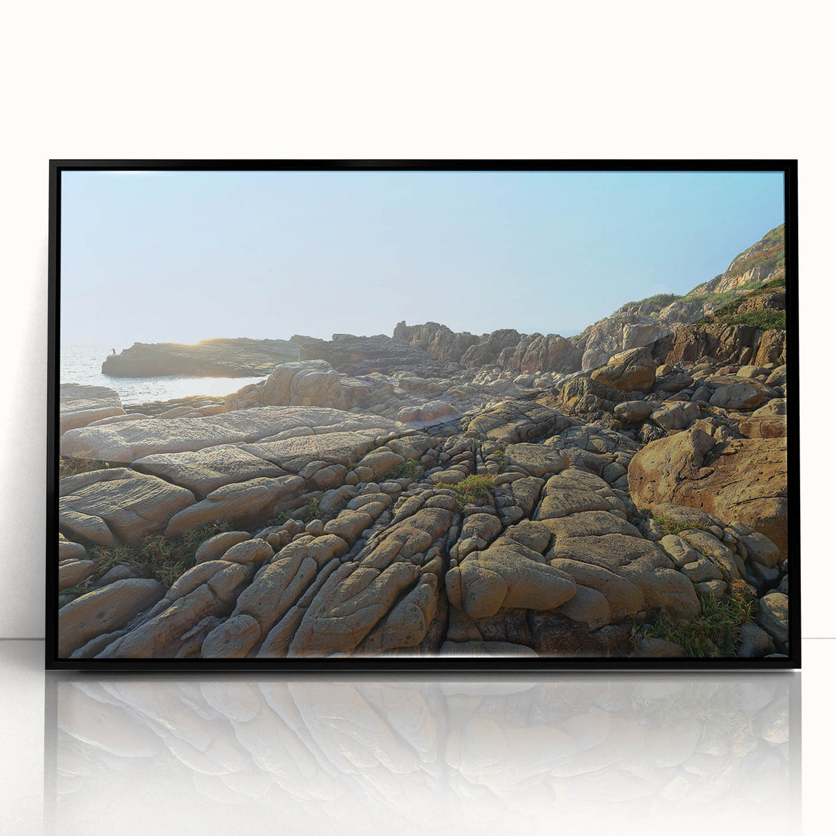 Large abstract wall art depicting a stylized Taiwan landscape in muted earth tones, framed in black acrylic.