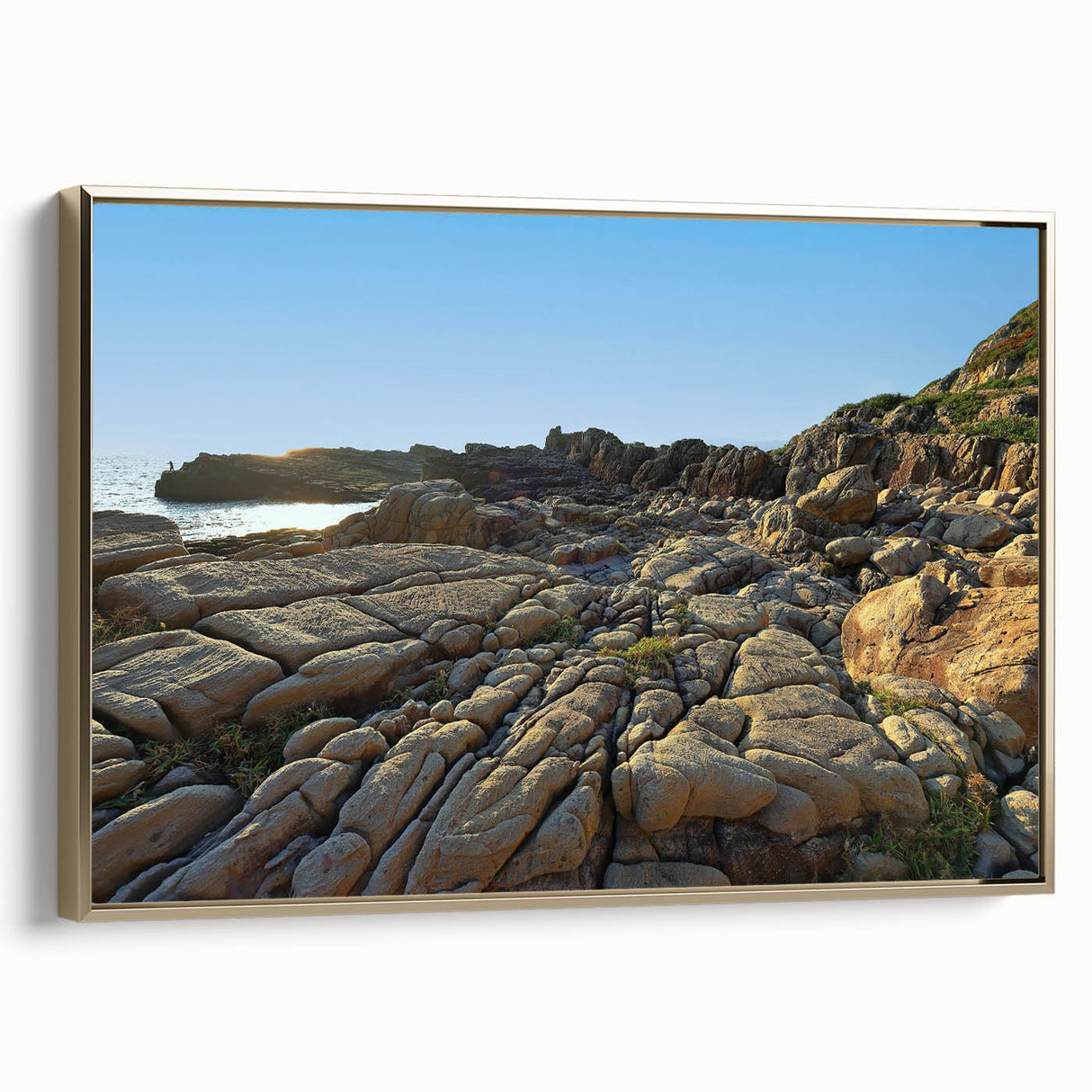 Framed canvas depicting a vintage-style Taiwanese landscape in muted gold and black tones, ideal for bedroom wall art.