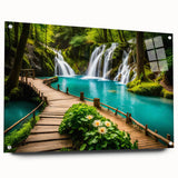 Large abstract wall art depicting a serene Thai landscape in muted green and blue tones, acrylic glass format.