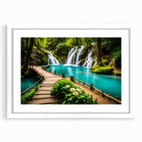 Abstract art print of a serene Thai landscape in muted green and blue tones, framed with a white mat.
