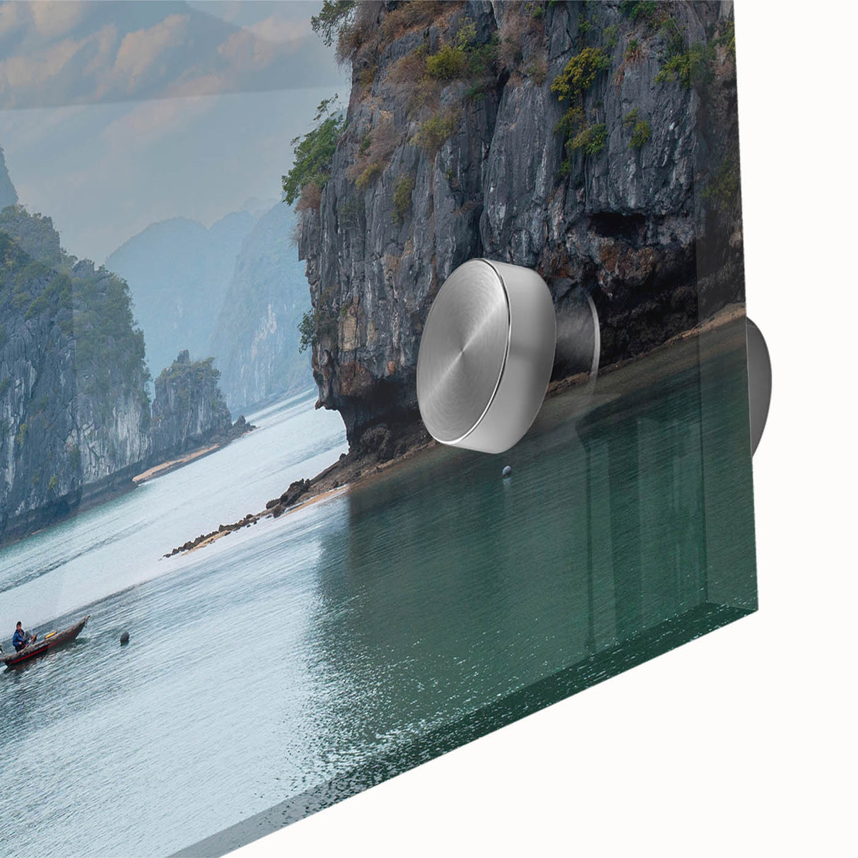 Large abstract wall art featuring a mid-century modernist Vietnam scenery in muted earth tones on acrylic glass.