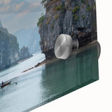 Large abstract wall art featuring a mid-century modernist Vietnam scenery in muted earth tones on acrylic glass.