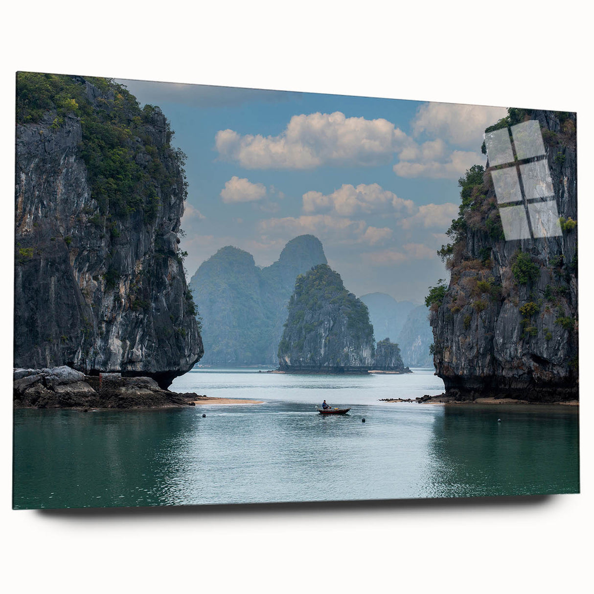 Large abstract wall art depicting a serene Vietnamese landscape in muted earth tones on acrylic glass.