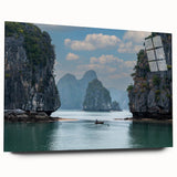 Large abstract wall art depicting a serene Vietnamese landscape in muted earth tones on acrylic glass.