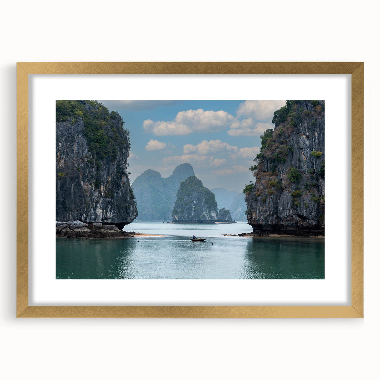 Extra large abstract art print of a textured Vietnamese landscape in muted earth tones, framed in gold.