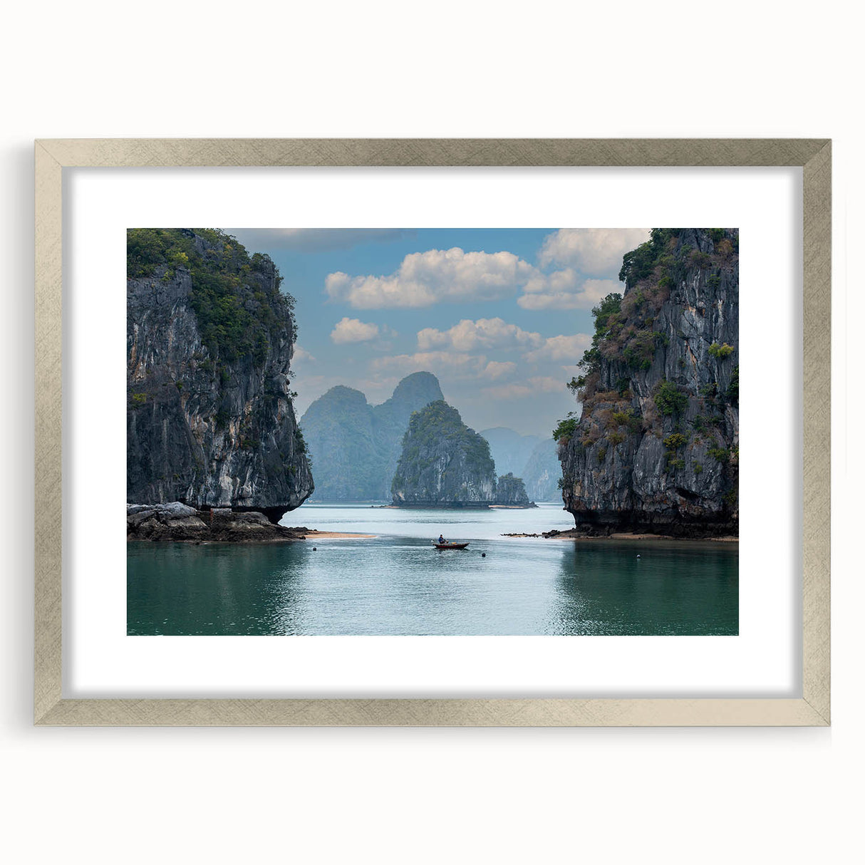 Textured art depicting an abstract Vietnamese landscape in muted earth tones, framed with a silver mat.