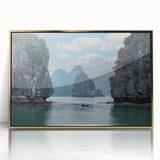 Large art print of a Vietnamese landscape in muted greens and browns, framed in gold acrylic.
