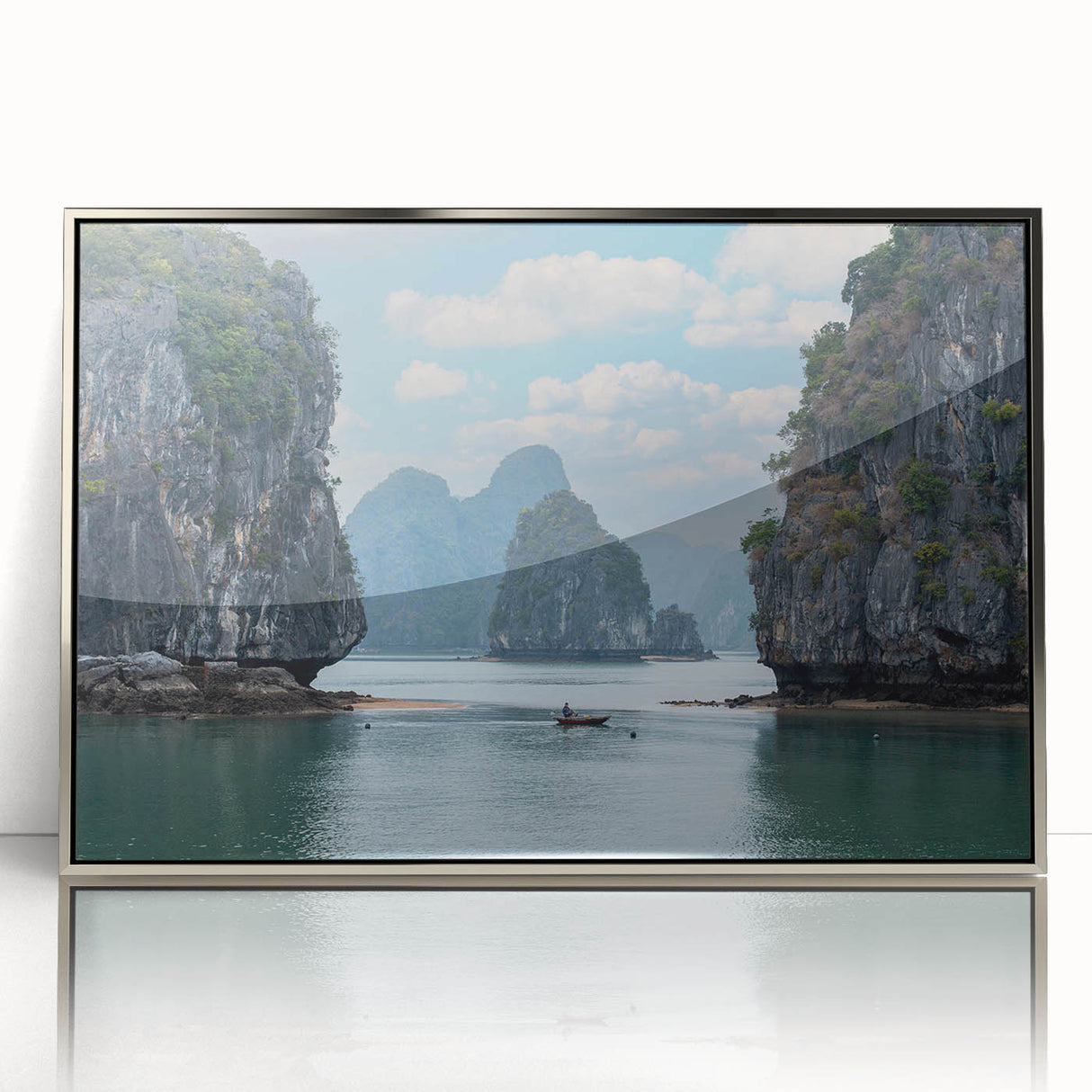 Mid-century modernist art depicting a Vietnamese landscape in muted earth tones on a framed acrylic print.