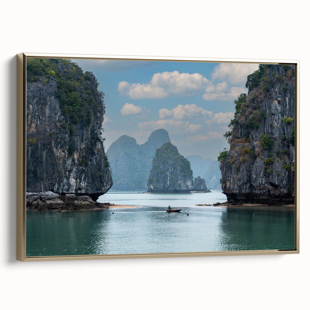 Framed canvas featuring a vintage-style landscape painting of a Vietnamese scenery in gold and black tones.