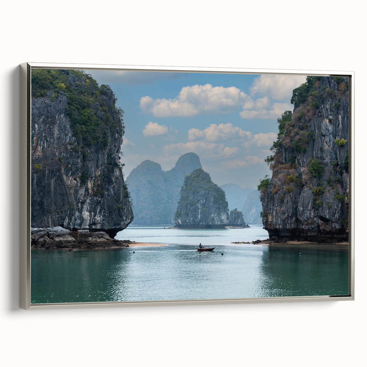 Framed canvas featuring a vintage-style landscape painting of a Vietnamese rural scene in vibrant colors.