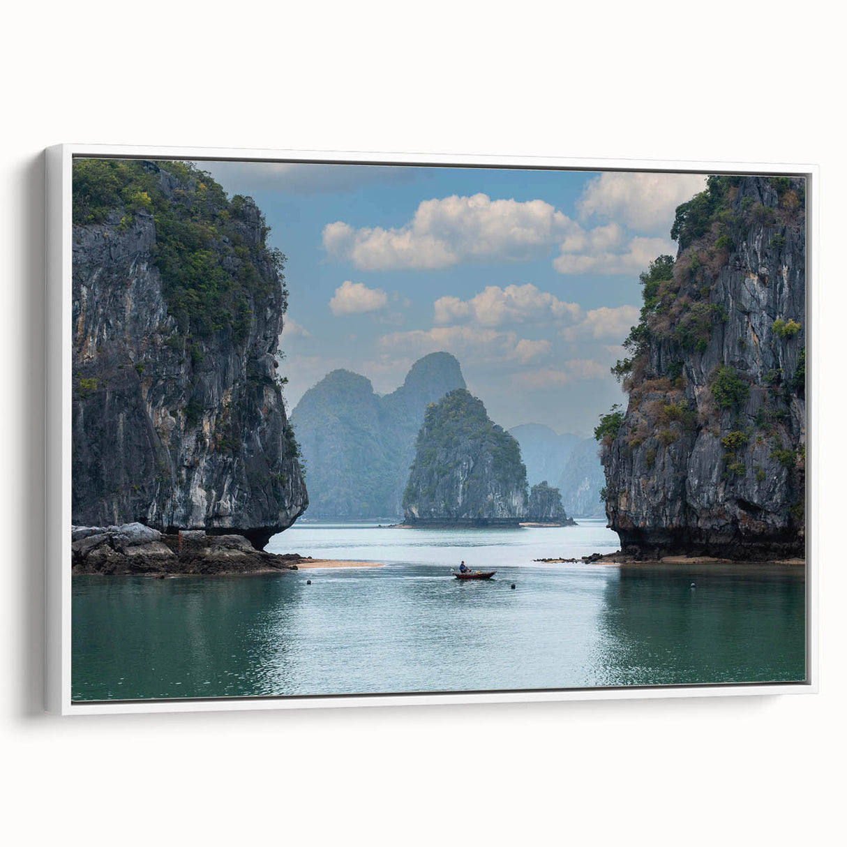 Vintage poster art of a scenic Vietnamese landscape on a framed canvas, featuring vibrant colors.