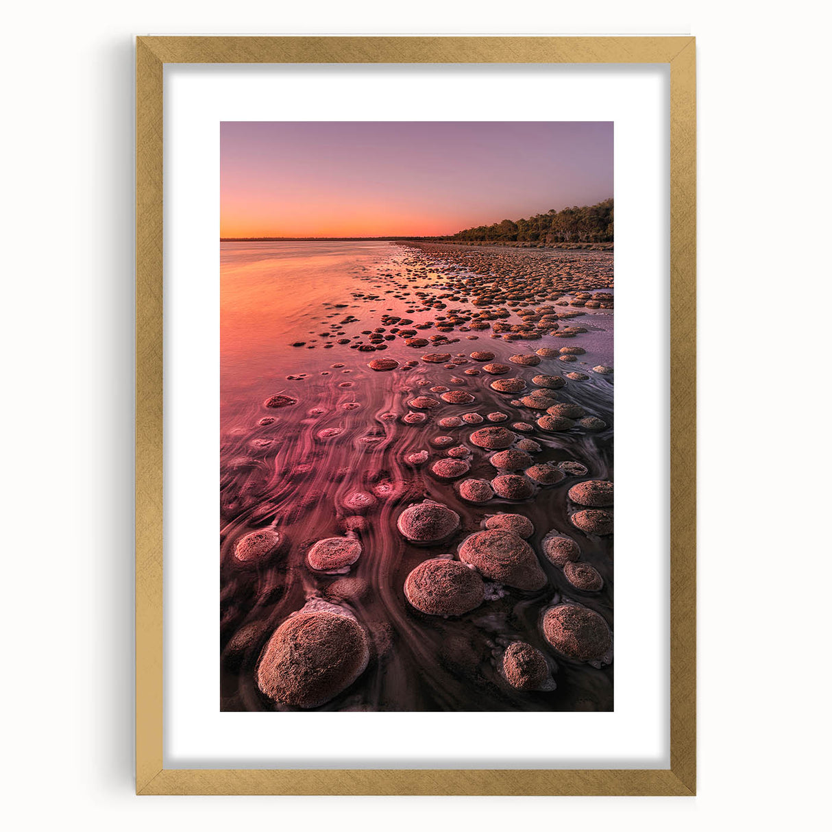 Textured abstract art print featuring a muted palette of blues and grays, displayed in a gold frame with mat.