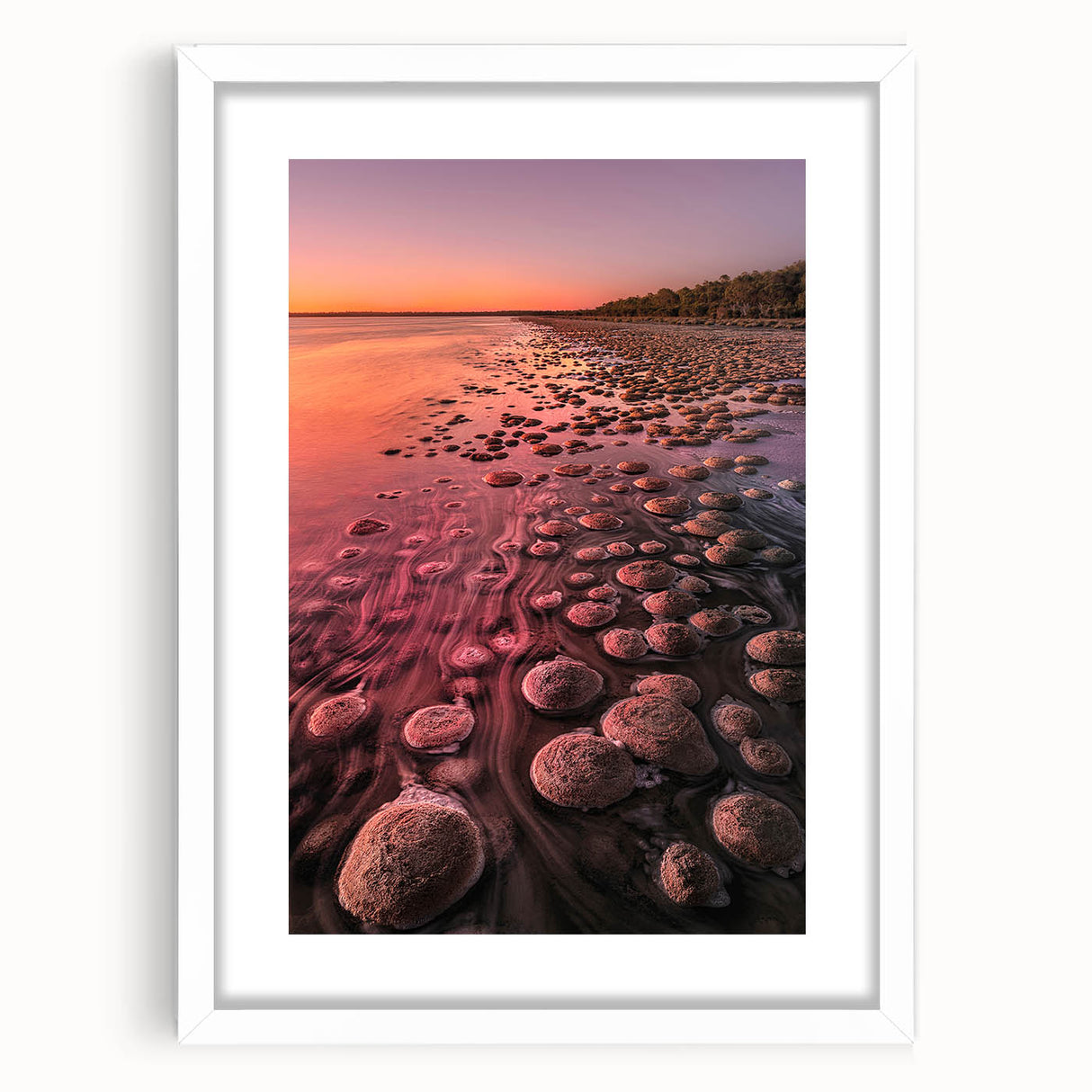 Extra large abstract art print of Perth scenery in muted blue and white tones, framed with a white mat.
