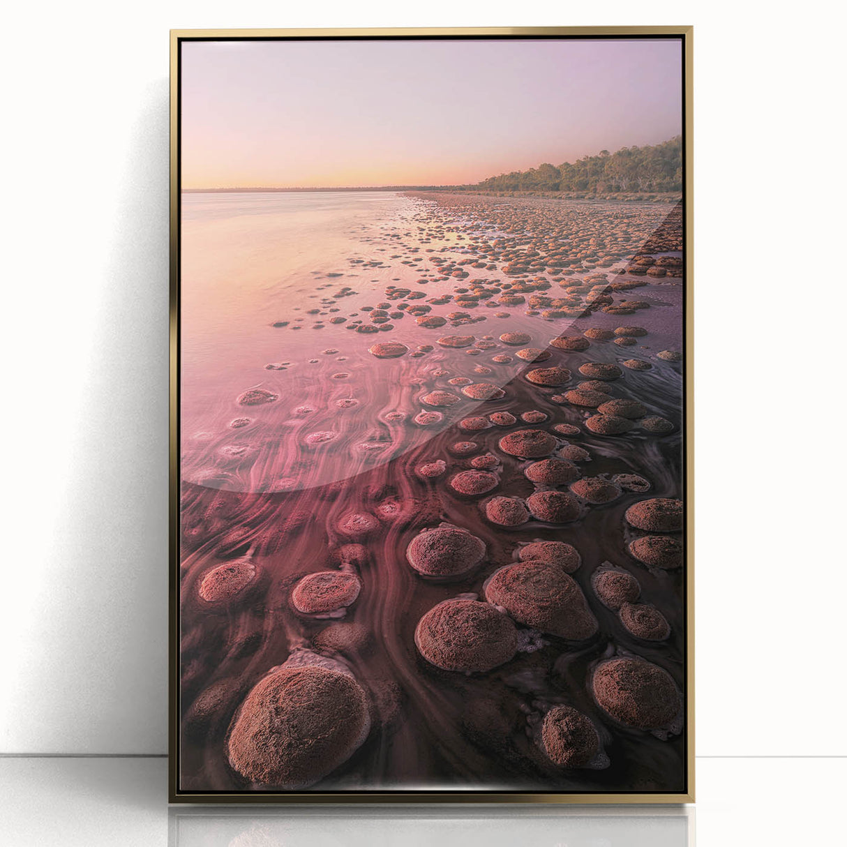Mid-century modernist art of Perth skyline in gold and blue tones on a framed acrylic, suitable for modern art wall decor.