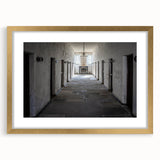 Abstract art print depicting a serene Tasmania landscape in muted earth tones on a framed gold mat.