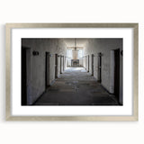 Extra large abstract art print depicting textured scenery of Tasmania, in muted earth tones, framed in silver.