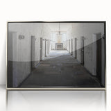 Acrylic print of a Tasmanian landscape in silver frame, featuring muted earth tones, ideal for modern art wall decor.