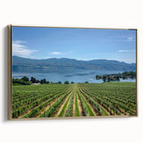 Framed canvas wall art depicting a serene British Columbia landscape in muted earth tones, ideal for bedroom decor.