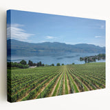 Scenic British Columbia landscape on stretched canvas, featuring deep green and blue tones, ideal for kitchen wall art.