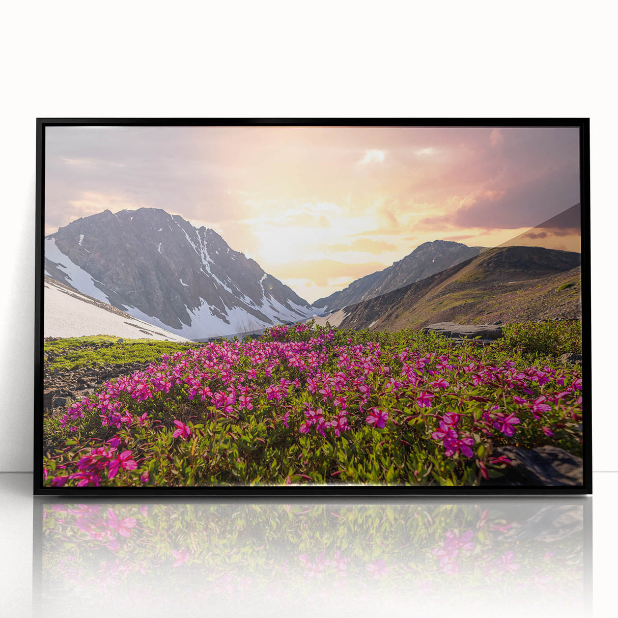 Large abstract wall art depicting a serene Yukon landscape in muted earth tones, framed in black acrylic.