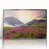 Mid-century modernist art depicting Yukon scenery in acrylic, with silver frame, suitable for nursery wall art.