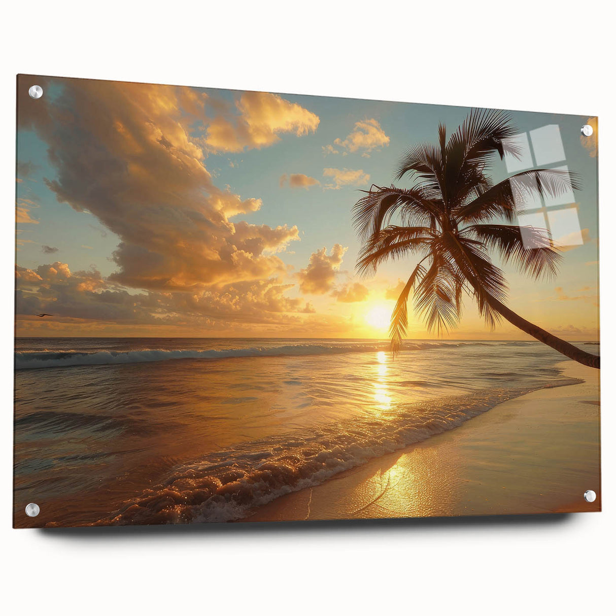 Acrylic print of a Caribbean scenery with vivid blue and green tones, suitable for bedroom or dining room decor.