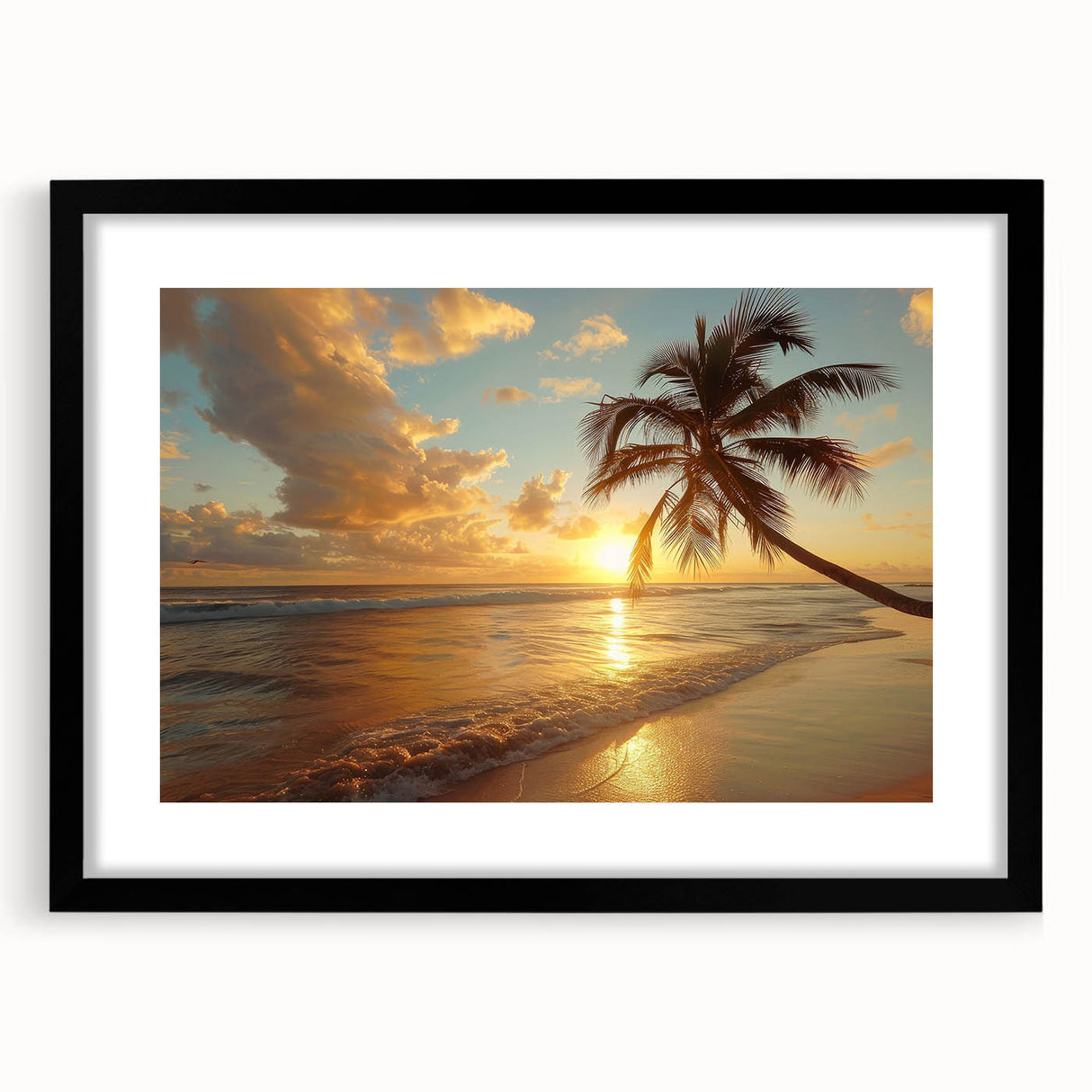 Extra large, textured abstract art print of colorful Caribbean scenery, framed in black, ideal for living room decor.