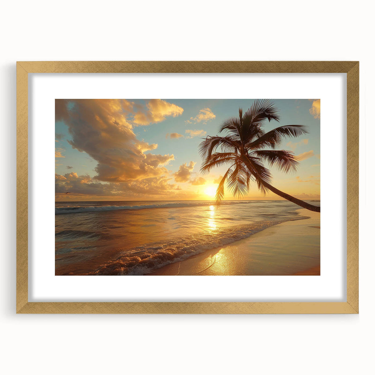 Abstract art print of a Caribbean landscape in muted blue and green hues, framed in gold, ideal for dining room decor.