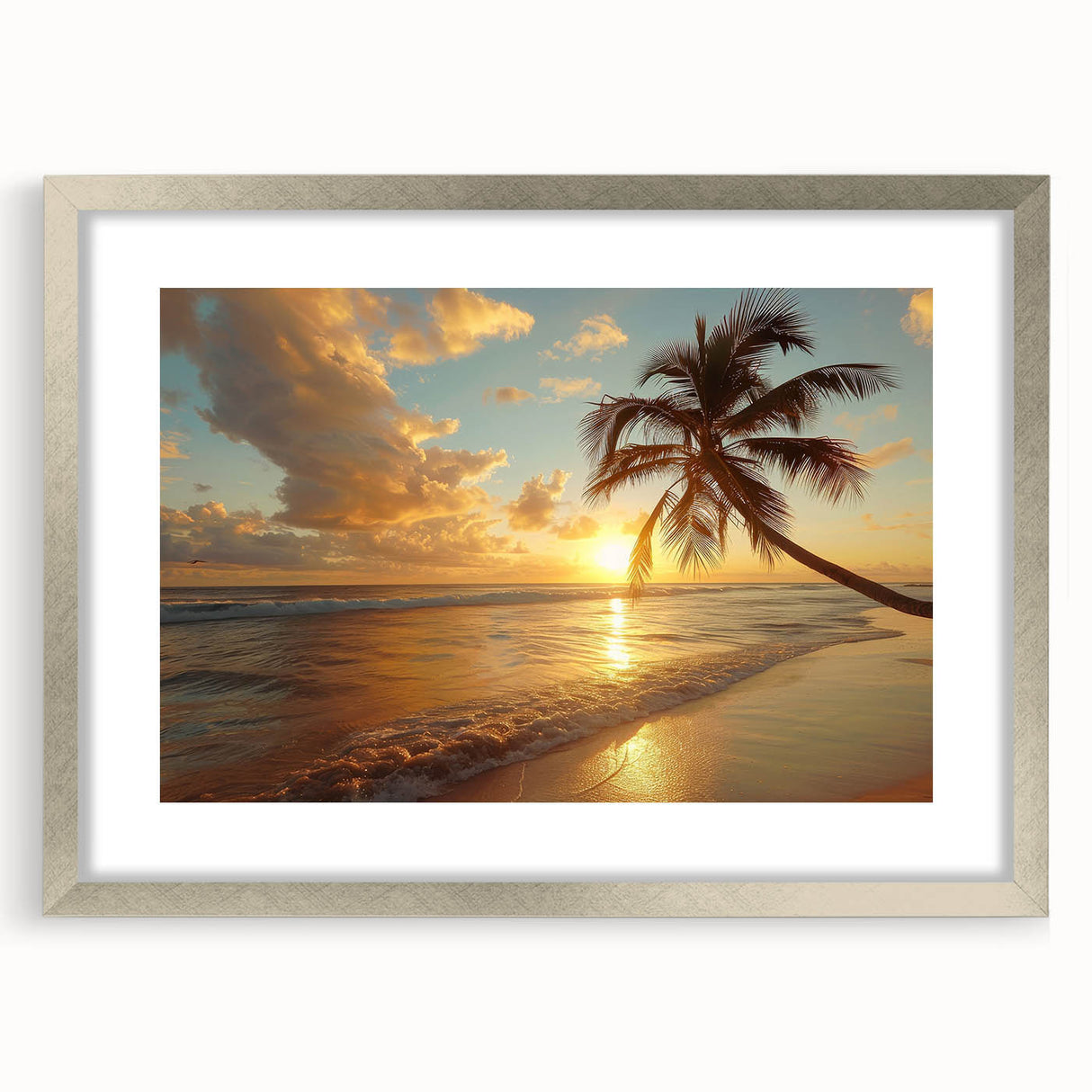 Extra large abstract art print of Caribbean scenery in muted blue and green tones, framed with a silver mat.