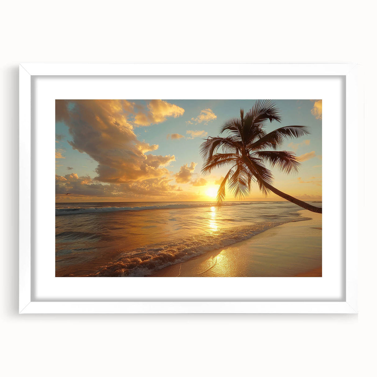 Textured abstract art print of a Caribbean seascape in muted blue and green tones on a framed white mat.