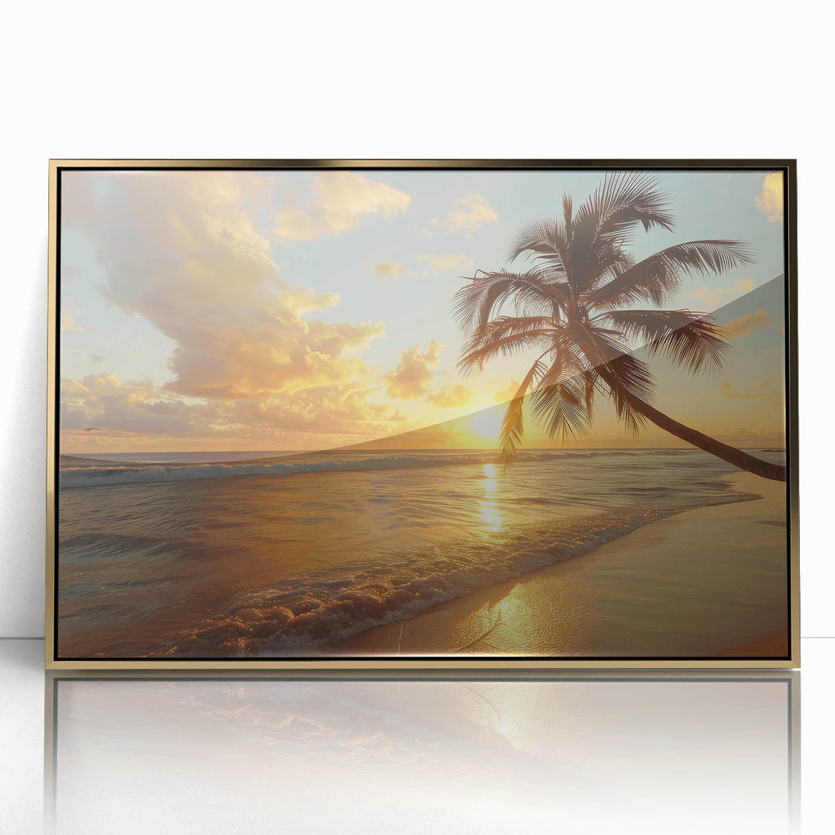 Framed acrylic print of a Caribbean Bahamas scenery in gold tones, ideal for modern art wall decor.