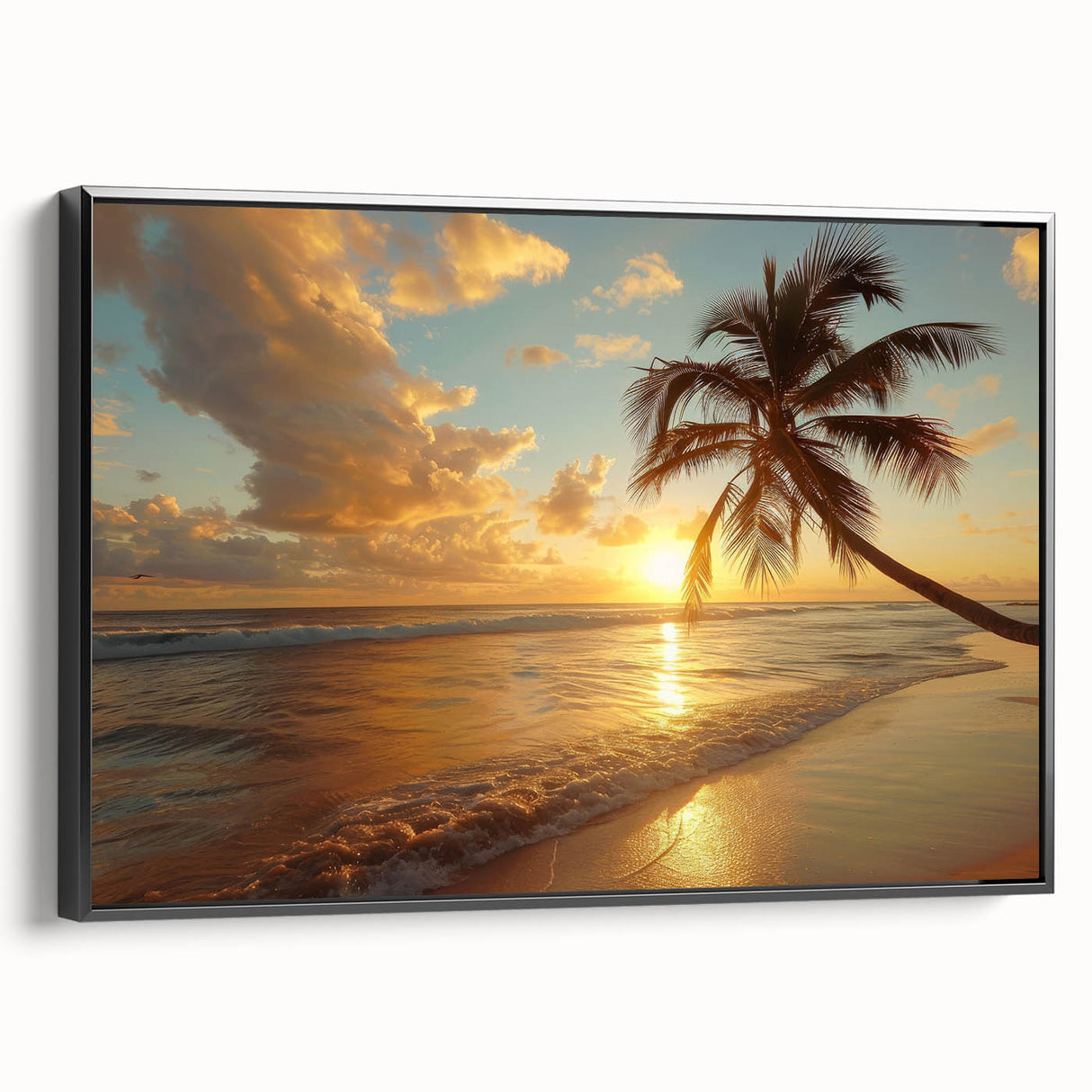 Black and white framed canvas of a Caribbean landscape, ideal for bedroom wall art.