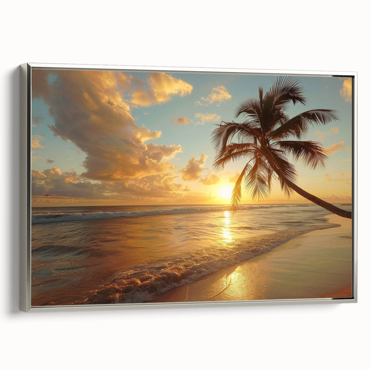 Landscape art painting of the Caribbean Bahamas on a framed canvas, featuring vibrant colors with a vintage poster style.